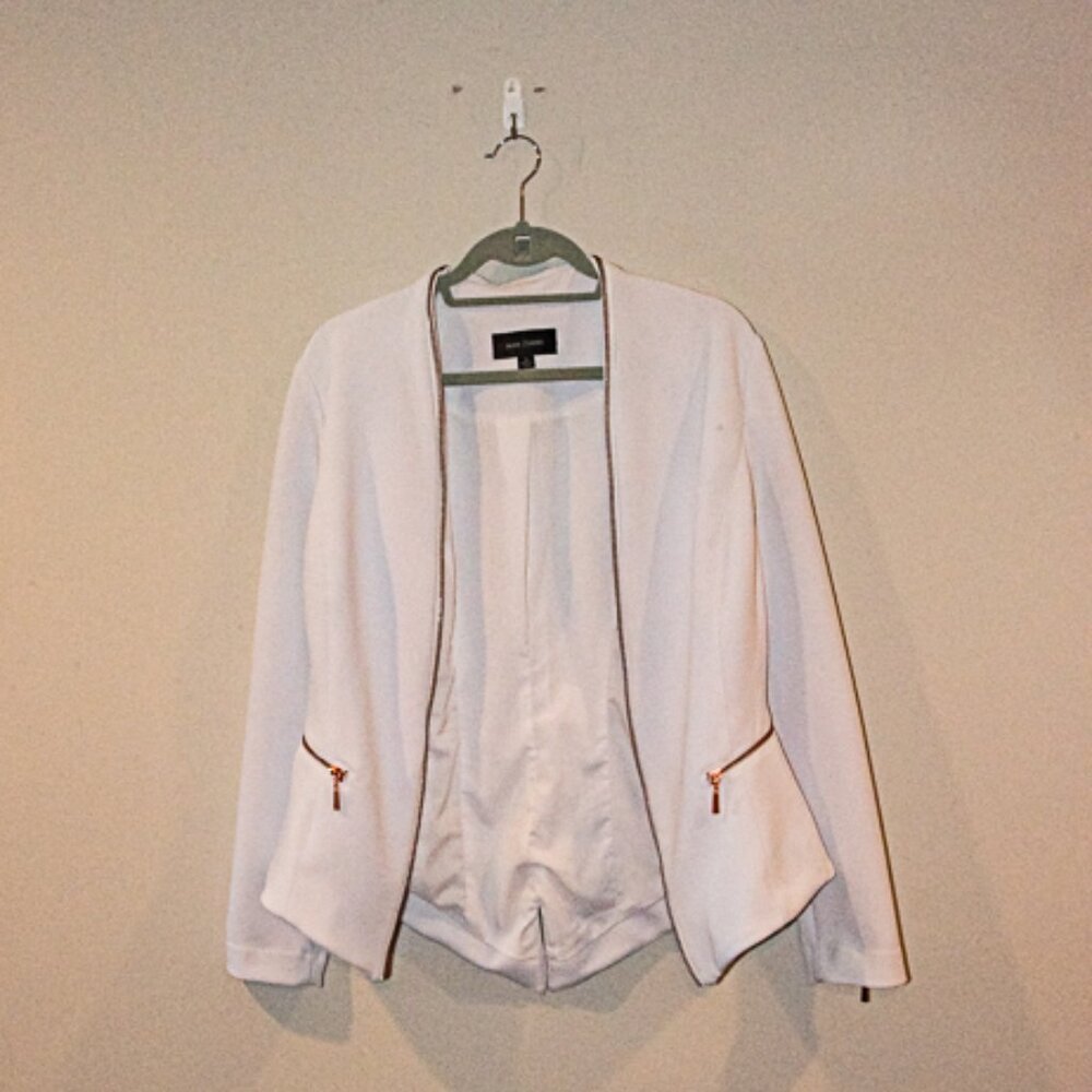 Women's White Open-Front Blazer with Gold Zipper Accents
